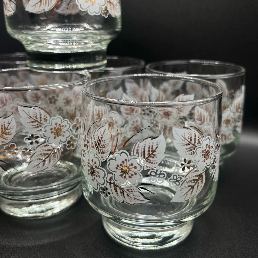 Vintage White/Gold 1950s Libbey Floral Tumblers Set of 7- Mid-Century Glassware